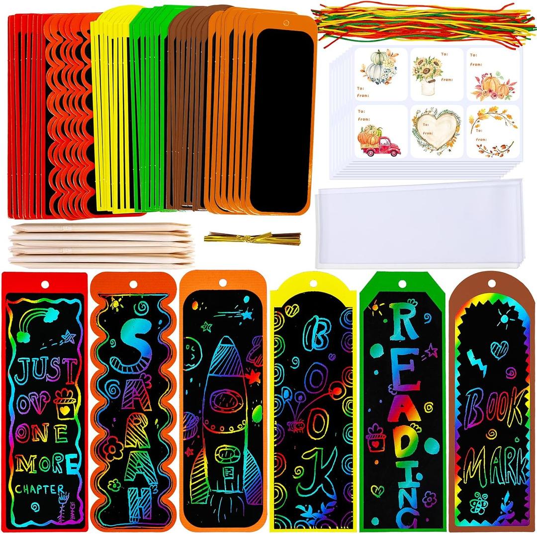2 x Winlyn 48 Sets 6 Styles Fall Magic Color Scratch DIY Bookmarks Craft Kits Rainbow Scratch Paper with Scratching Tools Ribbons Art Sets for Kids Students Party Favors Classroom Activities