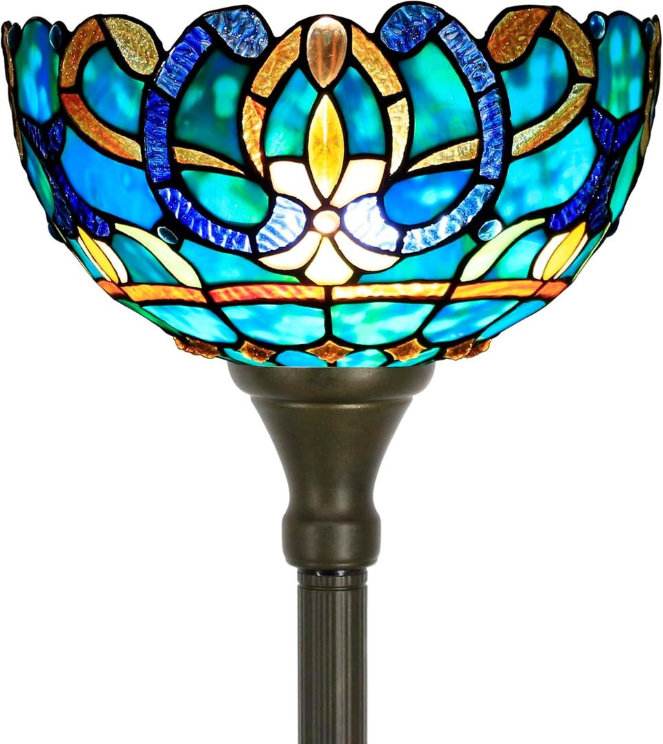 Tiffany Floor Lamp Torchiere Stained Glass Torch Lamp 12X12X67 Inch Antique Standing Corner Light (Green Brown Jewelry Baroque)
