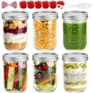 16 oz Wide Mouth Mason Jars with Embossing Pattern, 6 Pack Canning Jars with Volume Marks,Pint Glass Jars with lids for Fermenting,Pickling,Preserving,Meal Prep,Pantry organization,Gift Giving&Crafts