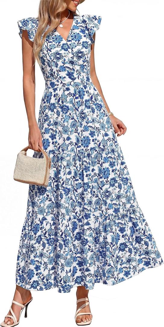 PRETTYGARDEN Women's Spring Summer Maxi Dresses 2026 Casual Wrap V Neck Floral Ruffle Sleeve Flowy Long Beach Boho Sun Dress, Size: X-Large (White Blue Flower)