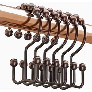 Shower Curtain Hooks Rings Bronze, Rust Proof Stainless Steel Easy Glide Shower Curtain Rings, Double Sided Shower Hooks Rings for Bathroom Shower Rods Curtains, Set of 12 Hooks - Bronze