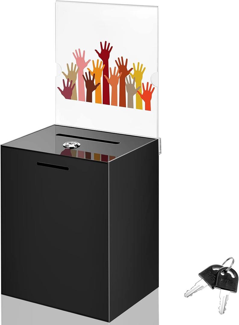 Acrylic Suggestion Box 8.2 x 6.7 x 5 Inch Large Donation Box Safe Ballot with Lock and Sign Holder for Voting Charity Business Cards Collection Display Ticket Comment(Black) (Transparent)