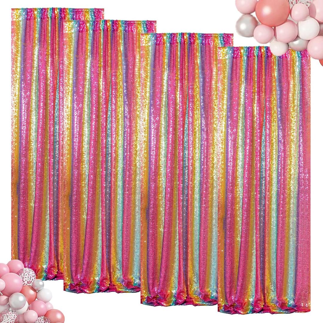 ShinyBeauty 4Pcs 2FTx8FT Rainbow Sequin Backdrop Curtains - Sparkly Photo Background for Parties, Weddings, Baby Showers, and Events - Durable and No-Drop Sequins Photograpahy Backdrops, 24"W x 96"L
