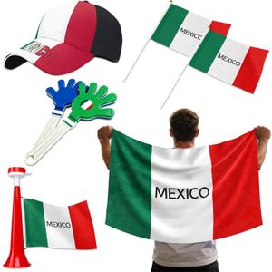 7Pcs Soccer Cup Fan Set, Soccer Theme Accessories Kit with Flags, Clappers, Shawl, Cap and Horn, Gifts for Football Lovers and Mexico Supporters