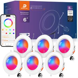 DUSKTEC Smart Recessed Lighting 6 Inch - RGBCW Color Changing LED 13W Can Light Retrofit Recessed Lights 1050 Lumen Dimmable Recess Light Compatible with Alexa & APP Recess Ceiling Lights 6 Pack