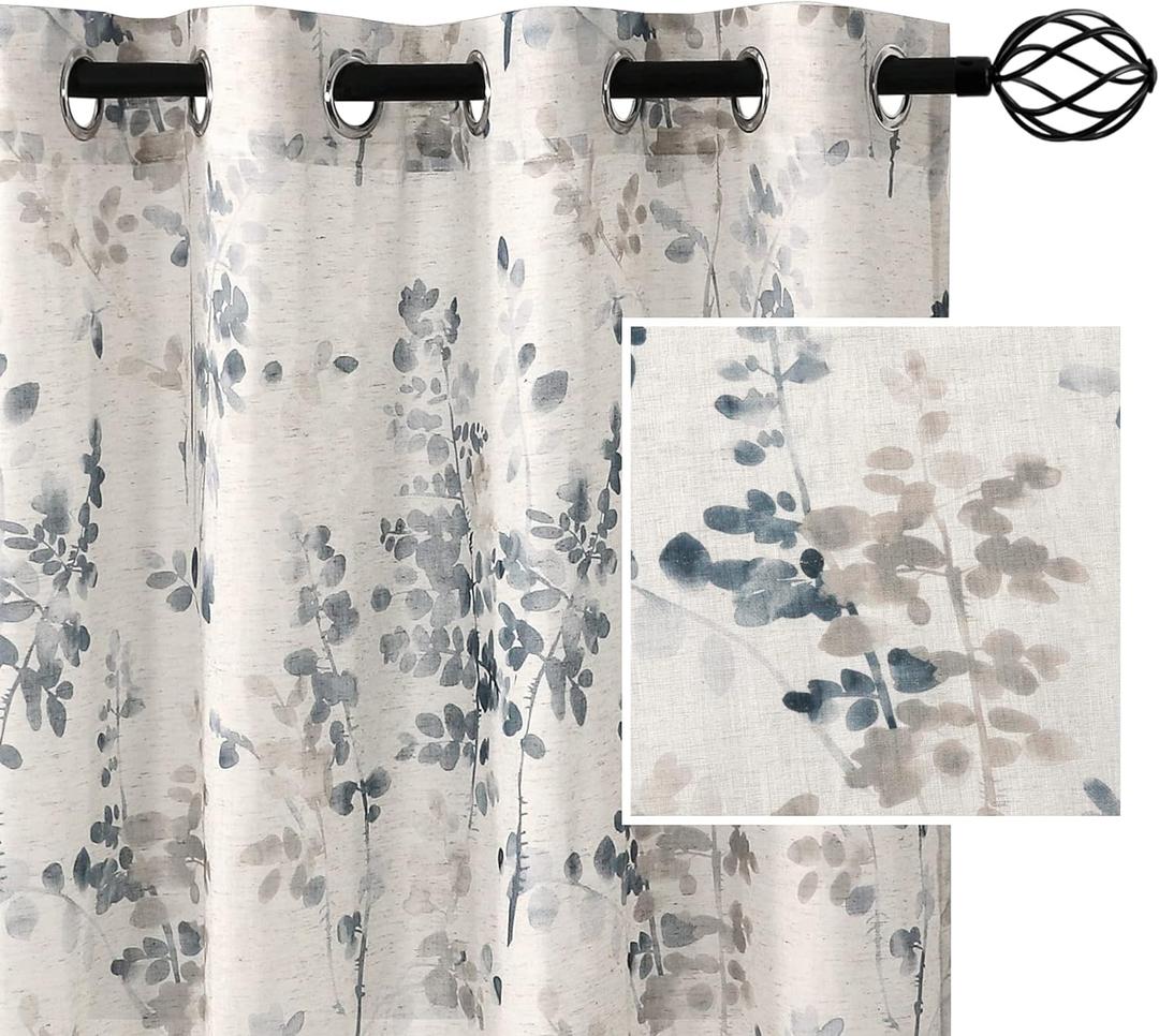 H.VERSAILTEX Sheer Linen Curtains 95 Inch Long Semi Sheer Curtains Draperies for Living Room/Bedroom Vintage Classical Floral Printing Window Treatment Grommet 2 Panels, Bluestone and Taupe