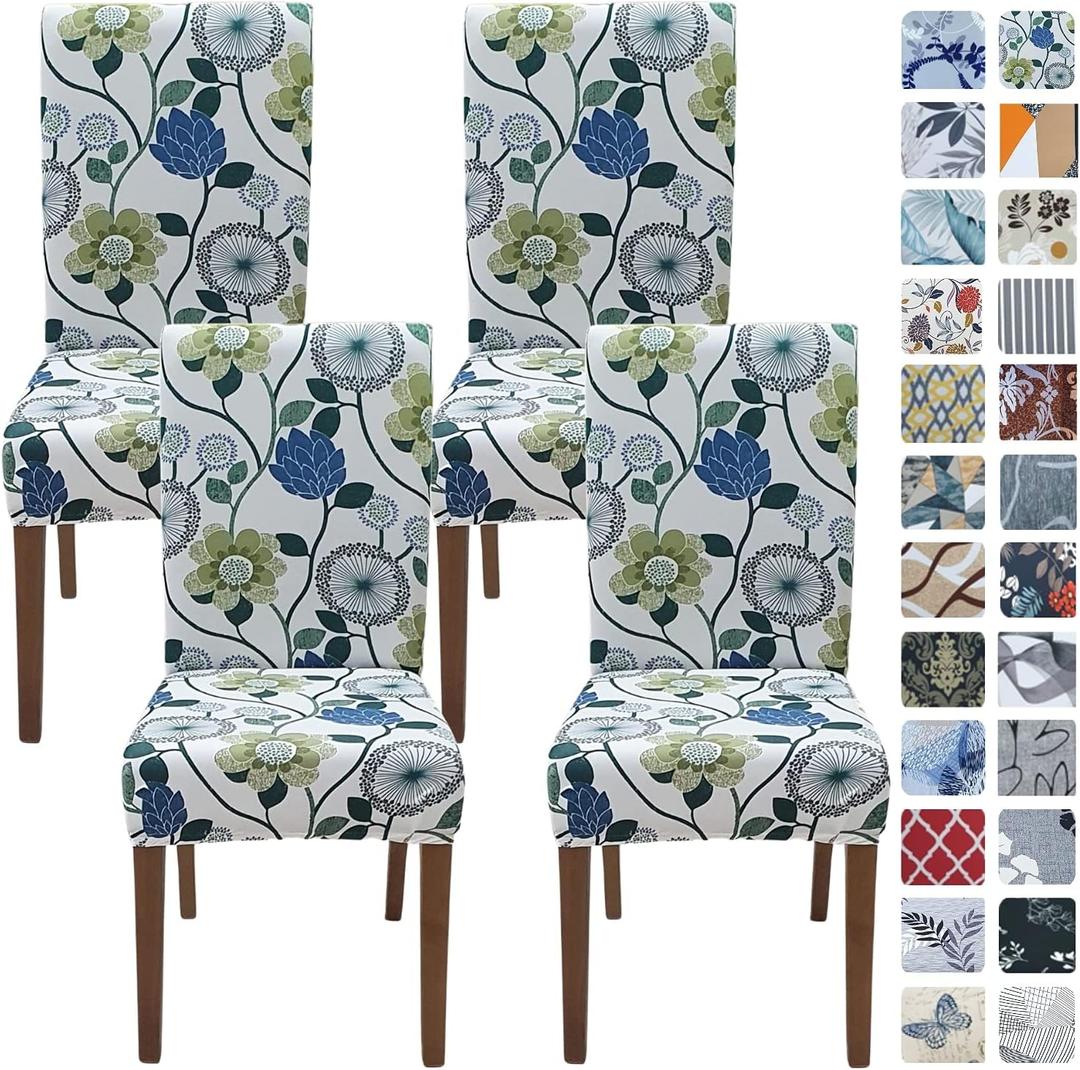 SPRINGRICO White Chair Covers for Dining Room Set of 4, Stretch Floral Dining Chair Cover, Washable Spandex Kitchen Parsons Chair Slipcovers, Seat Protector for Home or Party (4 Pack, FLORAL3)