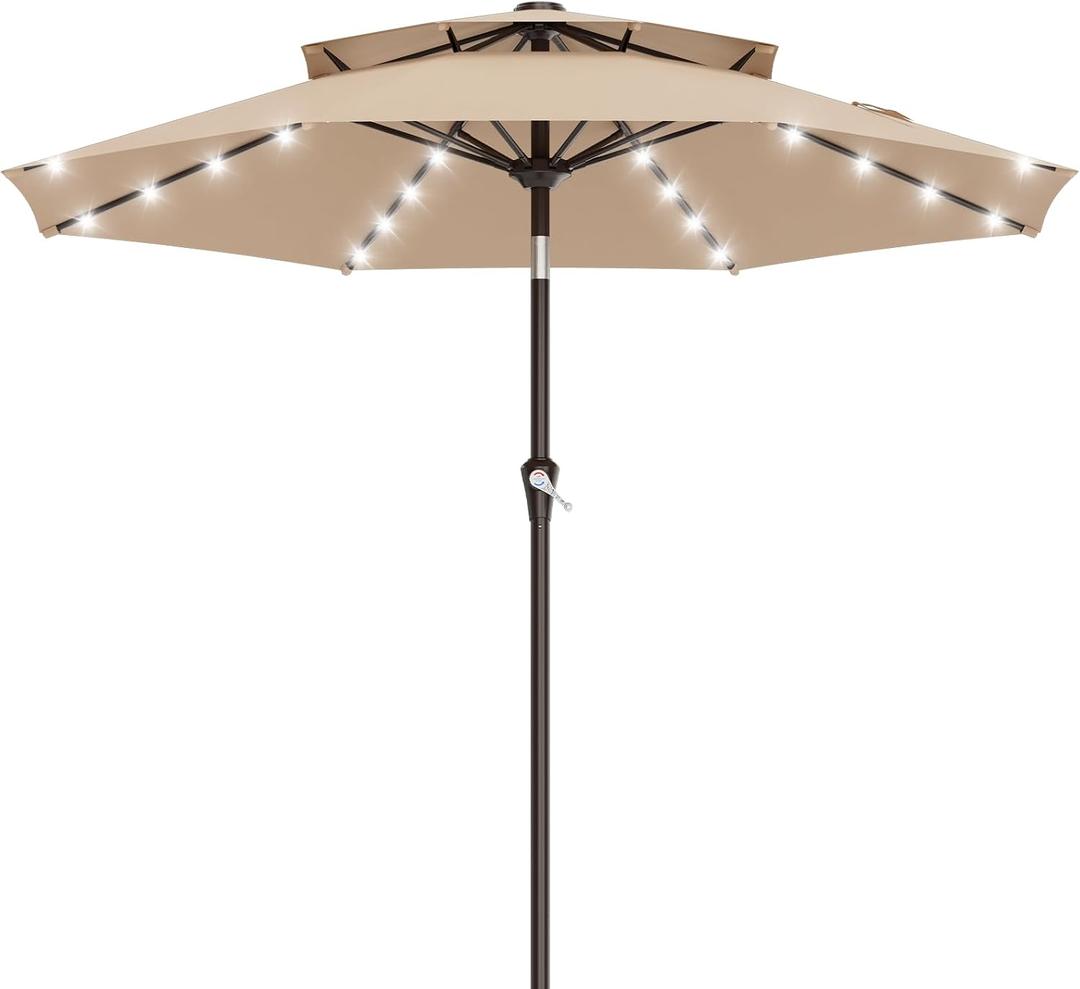 AreShark 9ft 2 Tiers Patio Umbrella with Solar Lights, Outdoor Umbrella w/ 32 LED Lights&8 Sturdy Ribs, Table Umbrella for Deck, Backyard, Pool(Beige)