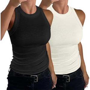 2 Pack Women's Racerback Ribbed Tank Tops Summer Crewneck Basic Sleeveless Slim Fit Tops Shirts 2025 S