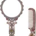 Nerien Vintage Mirror Comb Set Metal Antique Rose Style Handheld Makeup Mirror Travel Round Folding Cosmetic Mirror Women's Vanity Handle Foldable Mirrors Decorative Tabletop Mirrors Copper