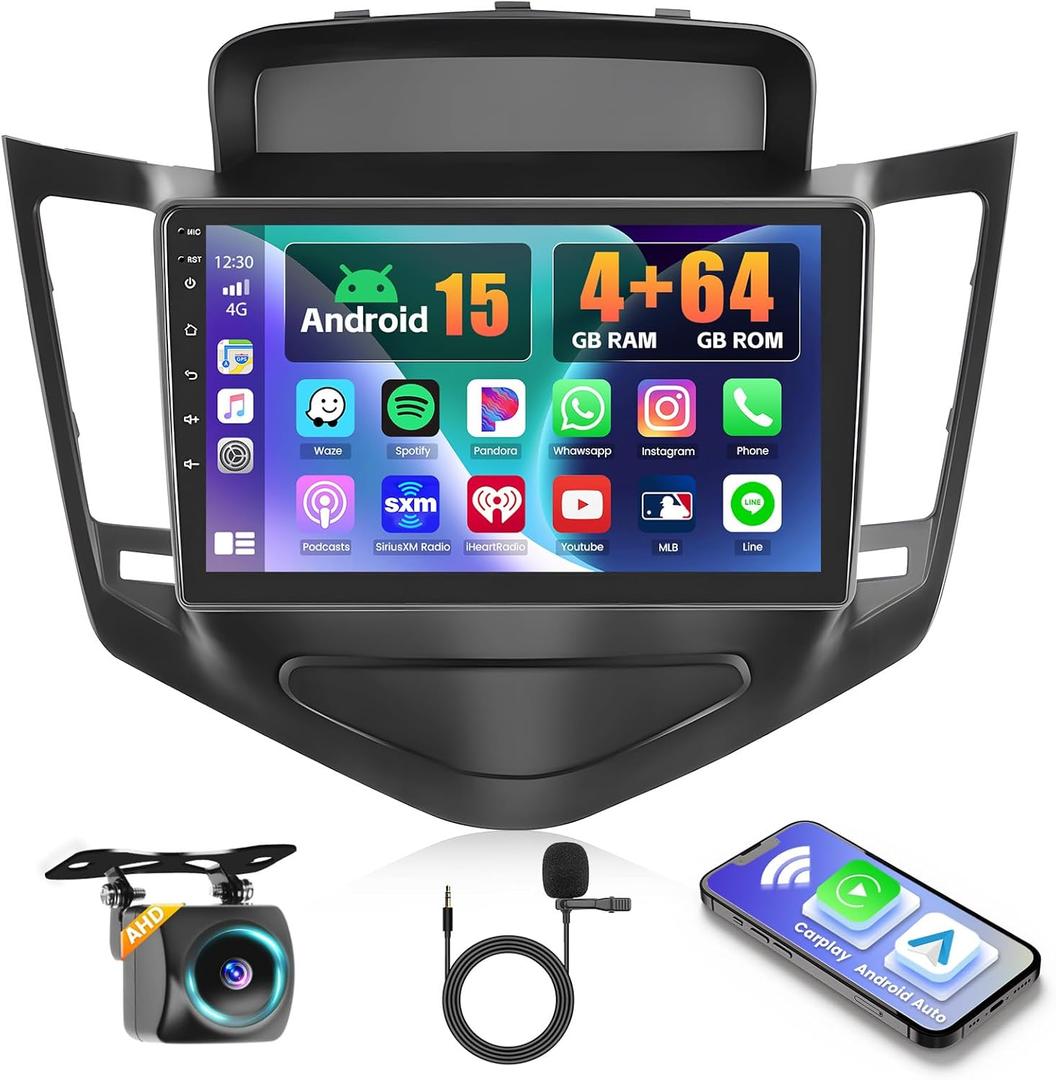 [4+64G] Realdio Android 15 Car Radio for Chevrolet Chevy Cruze 2009-2014 Wireless CarPlay Android Auto, 9" Touch Screen for Cruze Stereo with GPS, WiFi, 32EQ, UI, Bluetooth 5.0, FM/RDS, Backup Camera