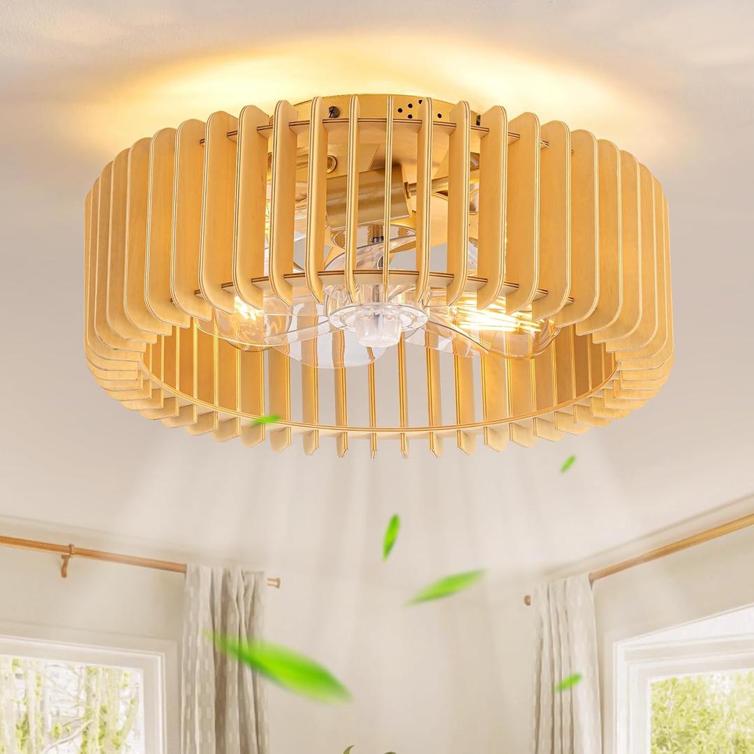 Boho Caged Ceiling Fans with Lights Low Profile Fandelier Ceiling Fan with Light and Remote Wooden Flush Mount Bladeless Ceiling Fan for Bedroom, Kitchen,Foyer(Enclosed,6 Speed, Timing)