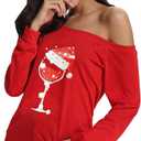 Women's Sexy Off Shoulder Christmas Print T-Shirt Long Sleeve Holiday Merry Xmas Tunic Tops (Red, XXL)