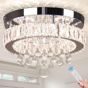 11.8" Modern Crystal Flush Mount Chandelier Ceiling Light Dimmable remote | LED Crystal flush mount dimmable remote control ceiling light Fixture for Bedroom Kitchen Dining Room