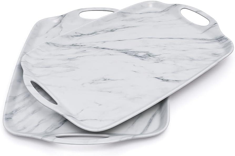 TP Serving Trays with Handles, 17 x 12 Inch Melamine Serving Platters for Food, Meat, Set Of 2 Rectangular Trays for Eating, White Marble