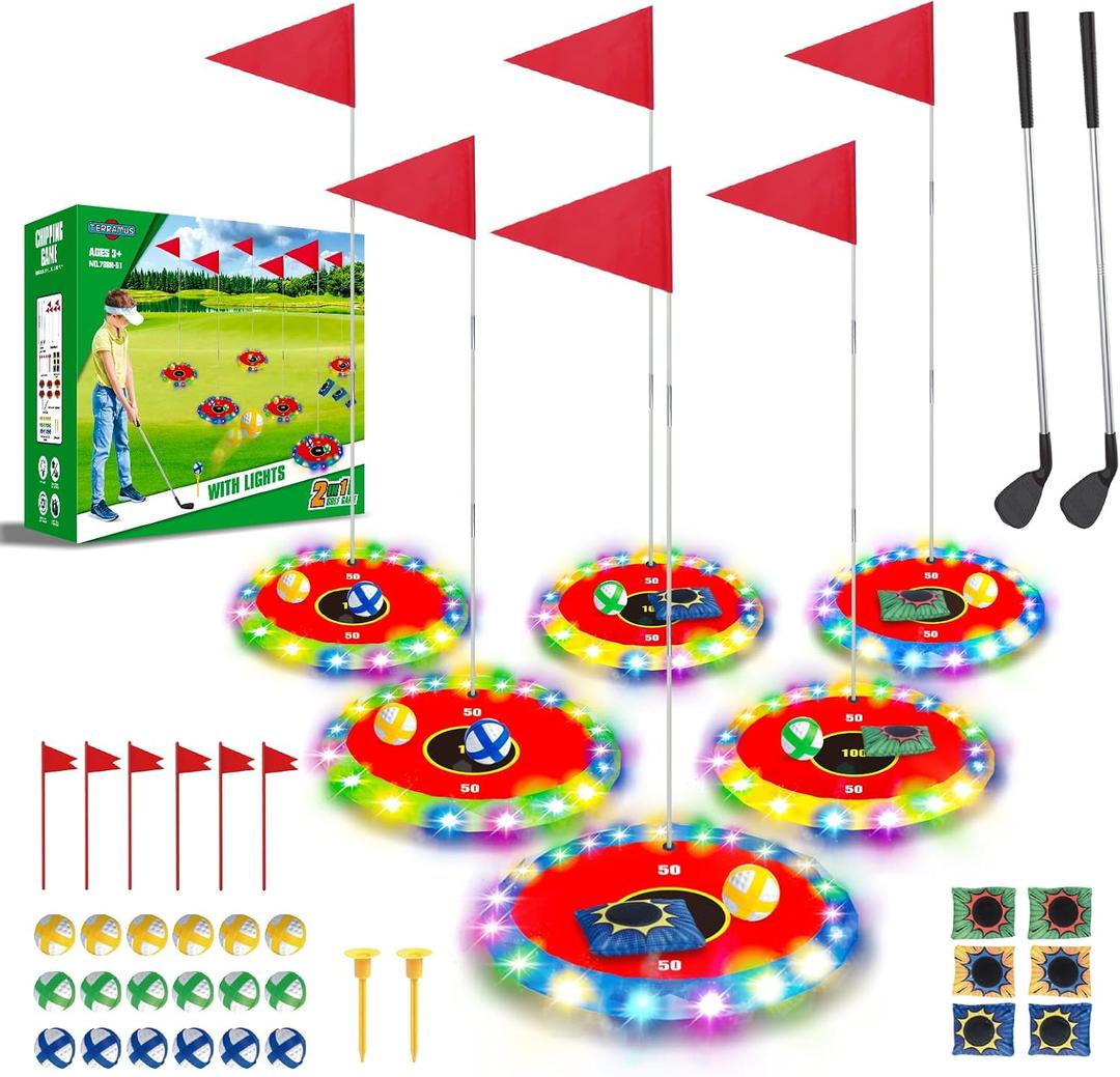 TERRAMUS Light Up Golf Play Set - Upgraded Backyard Golf Chipping Game with 6 LED Targets, 2 Clubs, 18 Balls, 6 Bean Bags, Night Golf Toys Gifts for Kids Golfers Family Indoor Outdoor Beach Lawn Park