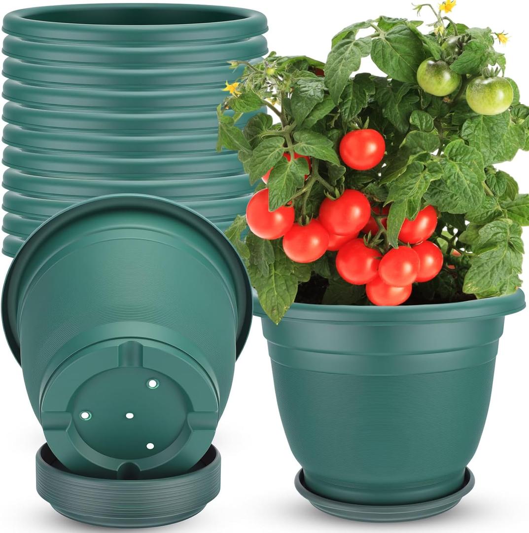 12 Pcs 10'' Plastic Plant Pots Round Planter Pots with Saucer Tray Seedling Pot Hole Seed Resin Plant Pot Starting Nursery Flower Container with Pallet for Garden Outdoor Indoor (Green)