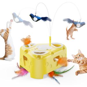 3-in-1 Automatic Cheese-Shaped Interactive Cat Toy Flying Bird, 6-Hole Mole & Rotating Feather | USB Rechargeable Electronic Feather Toy for Indoor Adult Cats & Kittens, Relieves Boredom (Yellow)