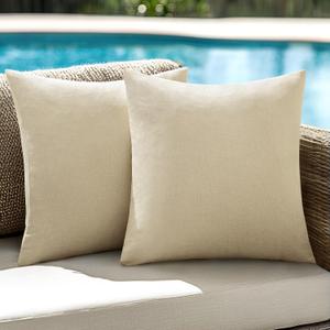ANRODUO Pack of 2 Beige Outdoor Pillow Covers for Patio Furniture Decorative Farmhouse Linen Cushion Sham Outdoor Waterproof Outside Square Pillowcase for Garden Balcony Bench Summer Decor 20x20 Inch