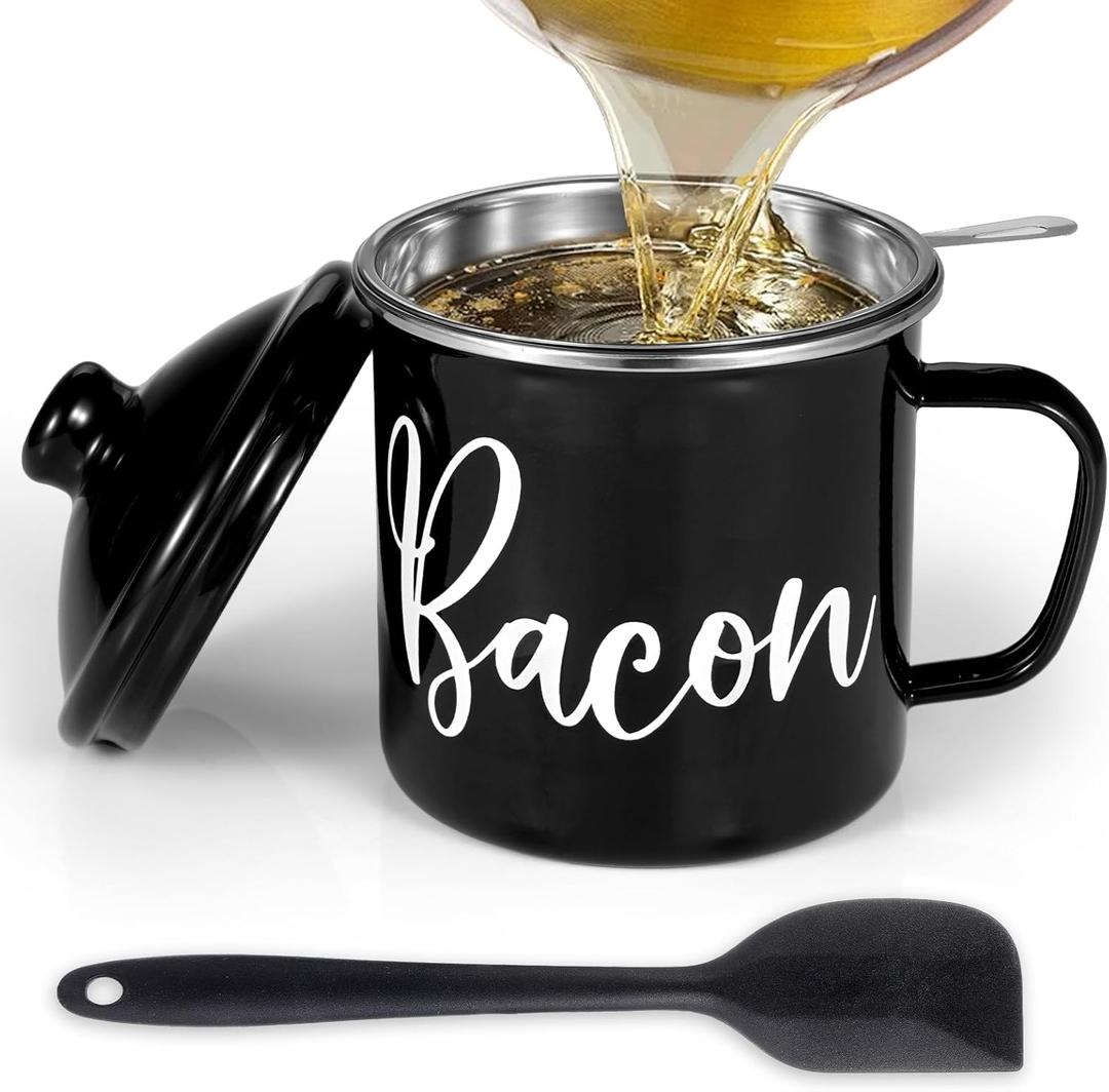 Bacon Grease Container with Strainer - with Food-Grade Silicone Spatula, 46oz Large Enamel Rustic Farmhouse Fat Container, Keeper, Recipes, Dishwasher Safe (Black)