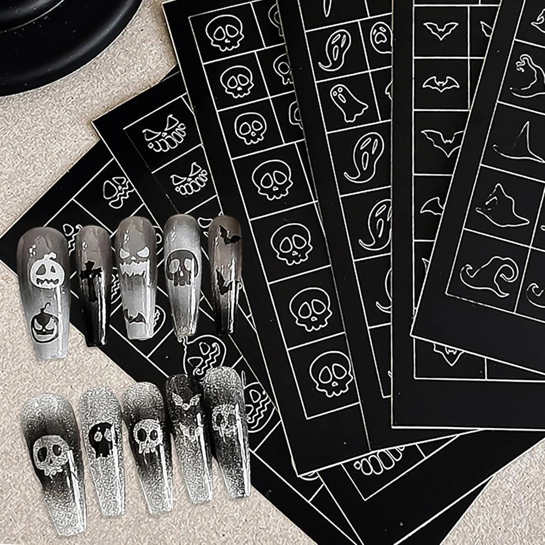 2 x Halloween Airbrush Stencils Nail Sticker, Skull Ghost Bat Nail Art Stickers Nail Stencils Decals, Holiday Design Hollow Nail Guides Decal for Women Decoration DIY Tools 6Pcs (1)