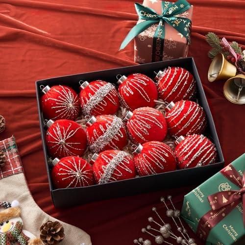 Christmas Ball Ornaments, Red 3.15 Inch &12 Pcs Hand-Painted Shatterproof Velvet, Christmas Tree Decor for Xmas Tree Holiday Wedding Party Home