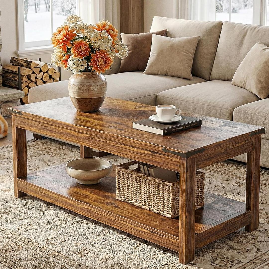 Homieasy 43.3 Rectangular Coffee Table with Storage Shelf, Farmhouse Wood Center Table for Living Room, Modern Black Tea Table with Open Shelf, Rustic Brown