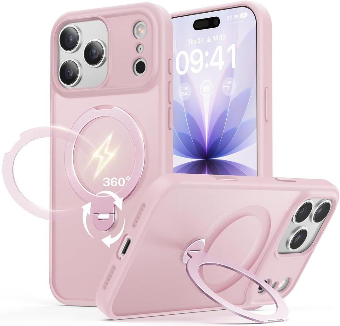 for iPhone 17 Pro Case: with 360 Spin Magnetic Stand, Camera Control Button, Fit for MagSafe, Military Drop Protective Slim Phone Cover for 17Pro with Ring Kickstand, 6.3", Pink