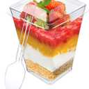 DONEUS 100 Pack 5 oz Plastic Dessert Cups with Lids and Spoons, Disposable Mini Dessert Clear Yogurt Appetizer Square Plastic Cups for Pudding, Fruit and Ice Cream