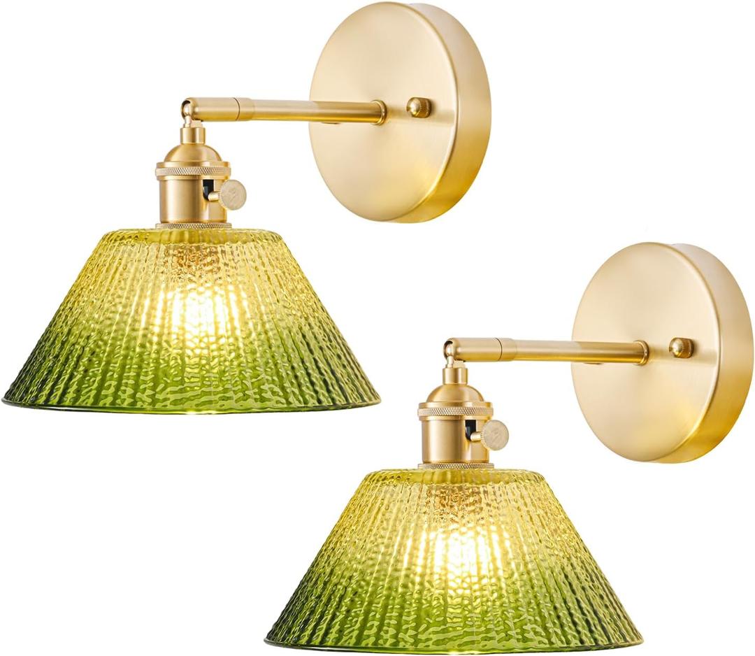 Wall Sconces Set of Two Hardwired, Vintage Wall Light with Gradient Green Glass Lampshade, Bathroom Wall Sconces with Switch, Gold Wall Light Wall Decor Set of 2, Small