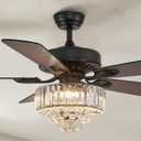 NOXARTE 52 Inch Crystal Ceiling Fan with Light, Modern LED Fandelier with Remote, Black Chandelier Fan Reverse Motor Wood Blades with 6 Speeds for Living Dining Room, Black 