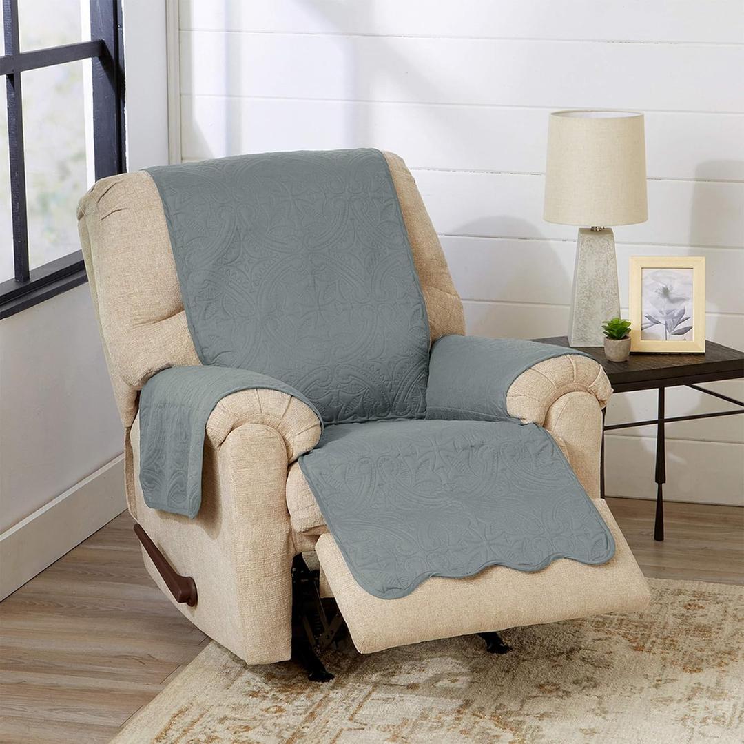 Reversible Recliner Chair Cover - Washable Slipcover Furniture Protector with Elastic Straps - Furniture Cover for Dogs, Kids, and Pets - Quilted & Stitched Detail (Recliner, Mirage Gray / Flax)