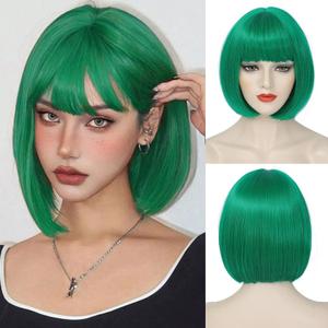 Green Bob Wig With Bangs - 10 Inch Short Dark Green Straight Wig for Women - Heat Resistant Synthetic Hair Natural Looking for Daily Party Use