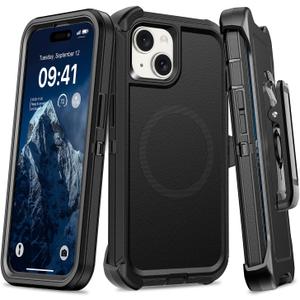 Magnetic Case with Belt Clip Holster, Heavy Duty Protective Phone Case, Shockproof Magnetic Phone Cover for iPhone 13/14/15 6.1" Dark Black