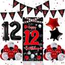 12th Birthday Decorations Boy, Red Black Happy 12th Birthday Decorations for Boys Girls, 12 Year Old Birthday Door Banner, Triangle Flag, Large Number 12 Balloons Decor Boy Twelve Bday Party Supplies