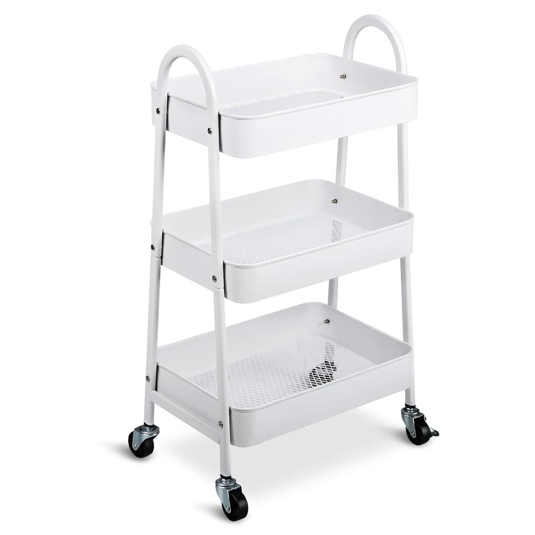 Metal 3 Tiers Utility Rolling Cart, Mobile Storage Shelf with Lockable Caster Wheels, Organization for Livingroom, Bathroom & Narrow Places, White