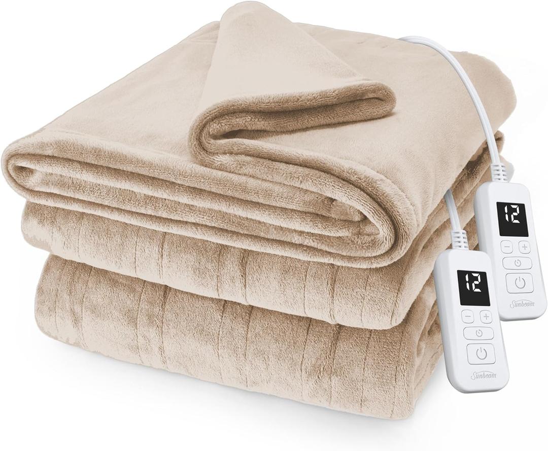 Sunbeam Electric Royal Posh Velvet Heated Blanket, 12 Heat Settings, 12-Hour Selectable Auto Shut-Off, Fast Heating, Warm and Lush, Champagne Color, King, 90" x 100"