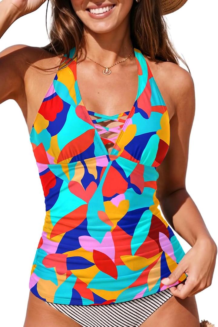 Womens Halter Tankini Tops Only - V Neck Tummy Control Swim Top Lace Up Bathing Suit Ruched Top Only No Bottom 2025, XL