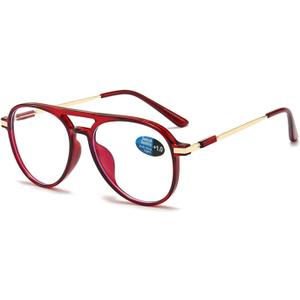 Aviator Reading Glasses for Women Men Blue Light Blocking Oval Retro Fashion Double Bridge Computer Reader (Red)