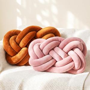 Sintuff Set of 2 Velvet Knot Pillow Ball 14 x 16 Inch Soft Decorative Knotted Throw Pillow for Christmas Thanksgiving Couch Home Sofa Bedroom Decor to Add Comfort and Style(Coffee and Pink)