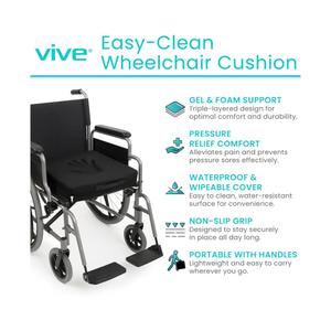 Vive Waterproof Wheelchair Cushion for Pressure Relief (18x16x3) - Washable Cover Incontinence Protection for Elderly Adults & Seniors - Memory Foam Gel Pad for Recliners, Office Chairs, Car