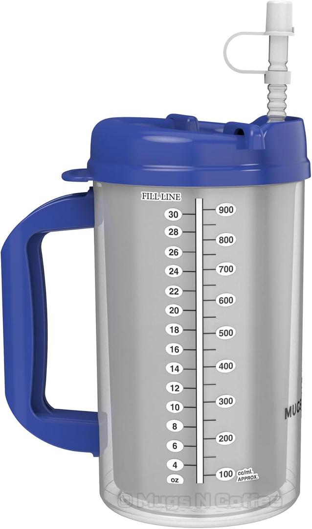 Mugs N Coffee 32 oz Travel Mug  Blue Hospital Mug for Cold Drinks  Double Wall Insulated, Large Handle  BPA-Free, Leak-Resistant  Includes Lid and Straw  Made in USA