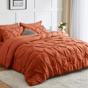 CozyLux Burnt Orange King Comforter Set 7 Pieces Bed in a Bag Terracotta Comforter Pintuck Design Fall Comforter Set King Pinch Pleated Fall Bedding Complete Set with Sheets,Pillowcases&Shams