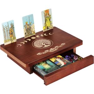 Altar Table with Drawer and Tarot Card Holder, Wooden Small Altar Table for Spiritual Meditation Buddhist Moon Phases Engraved Wiccan Witchy Decor, 12" x 8"(Life Tree)