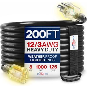 200ft Outdoor/Indoor Extension Cord 12/3 Gauge Extra Heavy Duty 3 Prong SJTW, Waterproof, Flexible Cold-Resistant Long Power Cord,8A 125V 1000W, Black by LifeSupplyUSA