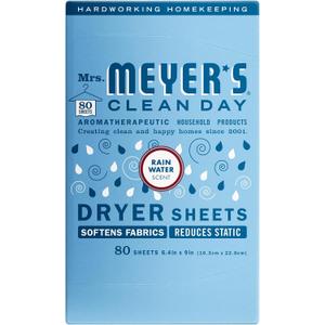 MRS. MEYER'S CLEAN DAY Dryer Sheets, Fabric Softener, Reduces Static, Infused with Essential Oils, Rain Water Scent, 80 Count