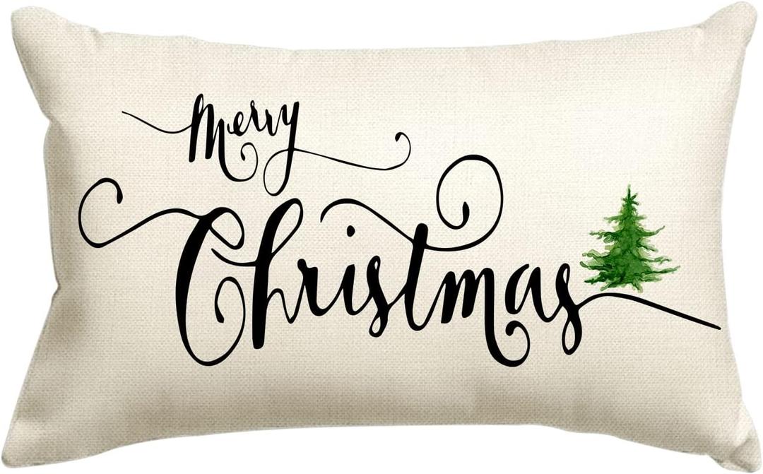 Jbralid Christmas Pillow Covers Merry Christmas Tree Linen Throw Pillow Case Cushion Cover for Sofa Chair Home Decoration 12x20 Inch, White