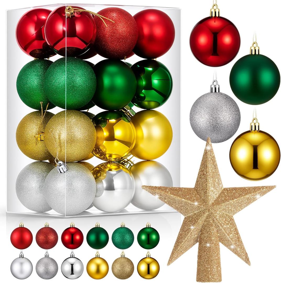 RoundFunny 25 Pcs Mini Christmas Balls Ornaments Set 2.36 Inch Christmas Day Ball Topper Star Tree Hanging Ornaments for Party Decoration(Classic Colors)