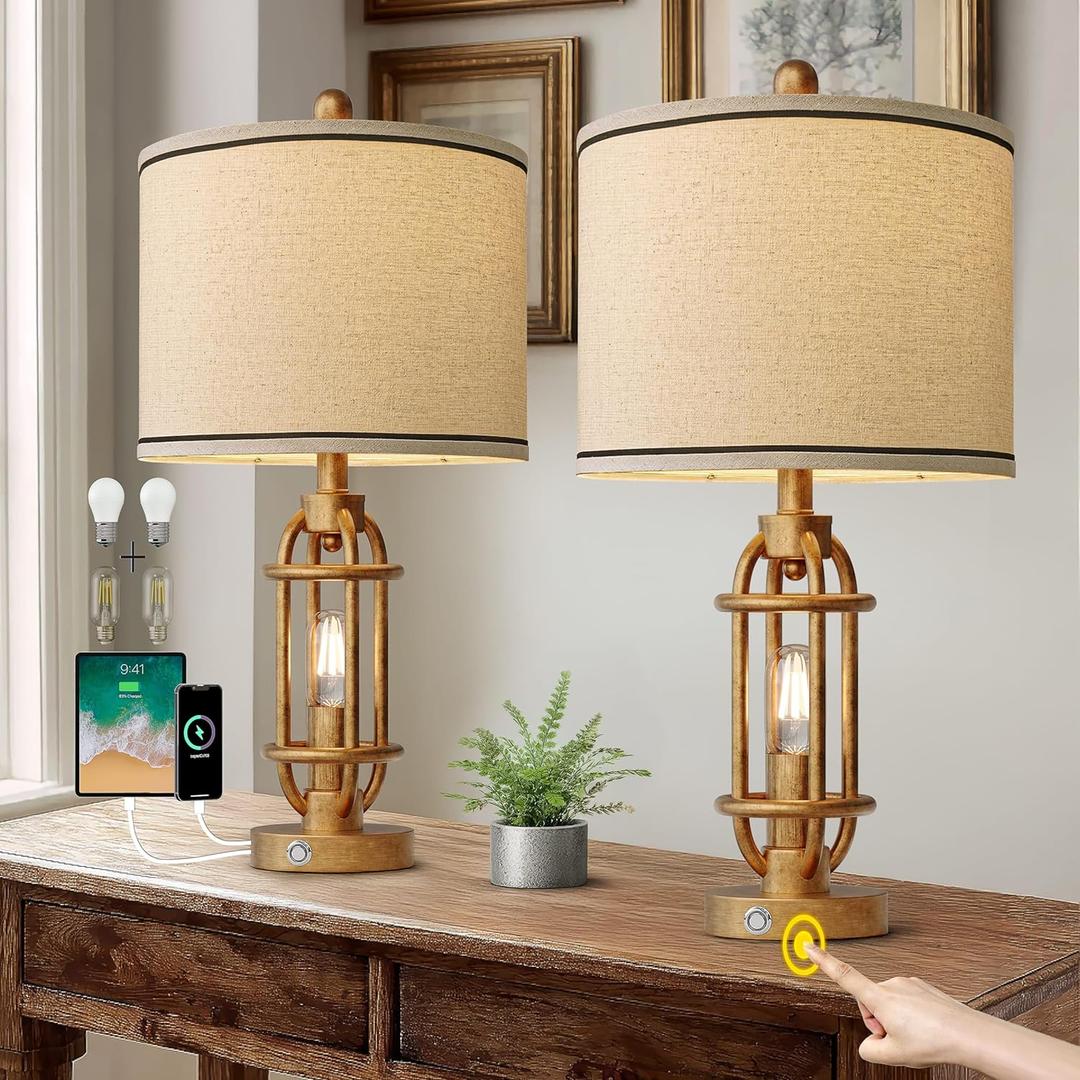 G-SAFAVA 23.75'' Table Lamps Set of 2 for Living Room Bedroom Industrial Farmhouse Metal Touch Lamps with USB A+C Ports, Night Light Vintage Nightstand Bedside Lamp, Bulbs Included, Antique Gold