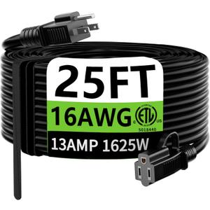HUANCHAIN Indoor Outdoor Black Extension Cord 25 ft Waterproof, 16/3 Gauge Flexible Cold-Resistant Appliance Cable Outside, 13A 1625W 16AWG SJTW, 3 Prong Heavy Duty Electric Cord, ETL